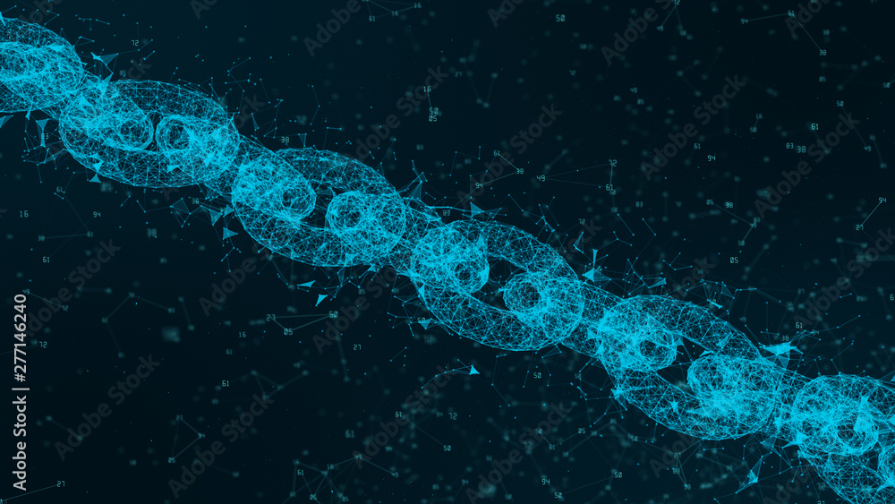 Poster depth of field, network chain links connections, crypto currency connected and digital technology ne