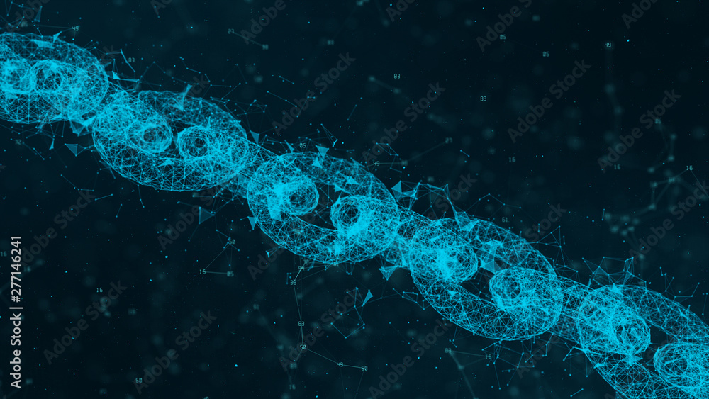 Poster depth of field, network chain links connections, crypto currency connected and digital technology ne