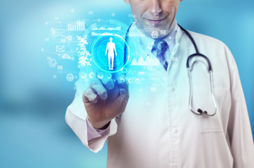 Doctor touching hologram screen displaying medical symbols and charts