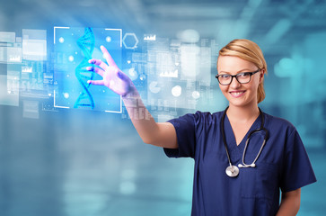 Doctor touching virtual screen with biology and genetic concept