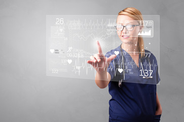 Doctor touching hologram screen displaying healthcare running symbols