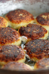 Cooking process of delicious fried syrniki closeup in the pan. Traditional in Ukraine, Belarus and Russia. Concept of a healthy homecooked meal.