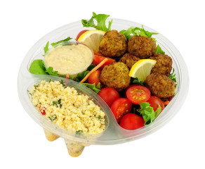 Falafel and couscous salad bowl convenience meal isolated on a white background