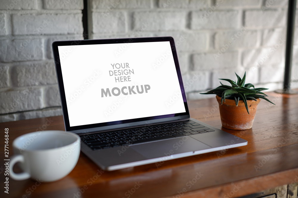 Poster mockup of business man using laptop screen for your advertising text message laptop with blank scree