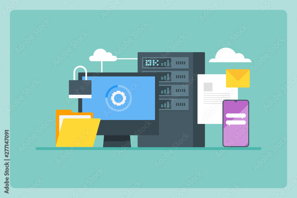 Poster cloud computing technology, data storage, secured online documents, web server concept, flat design 