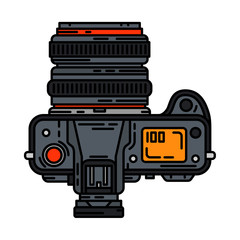 Color vector icon with digital slr professional camera. Photography art. Megapixel photocamera. Cartoon style illustration, element design. Photographic lens. Snapshot equipment. Digital photo studio.