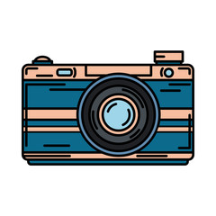 Color vector icon with digital slr professional camera. Photography art. Megapixel photocamera. Cartoon style illustration, element design. Photographic lens. Snapshot equipment. Digital photo studio.