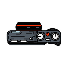Color vector icon with digital slr professional camera. Photography art. Megapixel photocamera. Cartoon style illustration, element design. Photographic lens. Snapshot equipment. Digital photo studio.