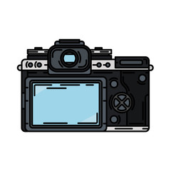 Color vector icon with digital slr professional camera. Photography art. Megapixel photocamera. Cartoon style illustration, element design. Photographic lens. Snapshot equipment. Digital photo studio.