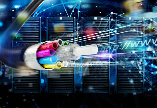 Internet Connection With The Fiber Optic Cables. Concept Of Fast Server Data Center With Network Internet Effects.