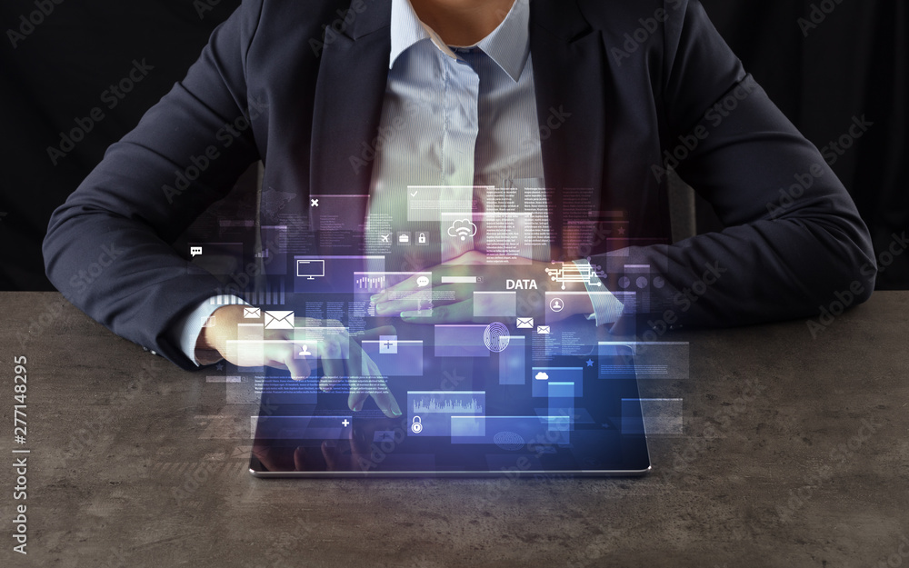 Aufkleber business woman working on tablet with global database concept and dark background