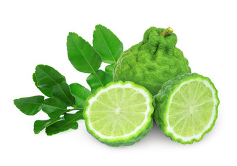 whole and half bergamot with leaf isolated on white background