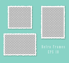 Set of transparent retro frames with shadows isolated on blue background. Vintage torn paper empty snapshot photography template. Vector illustration.