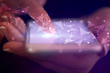 Finger touching phone with human network concept and dark background