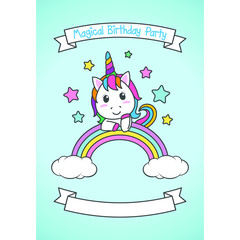 Cartoon Happy Birthday Magical Unicorn illustration Invitation Greeting Card with fun and cute look pastel color