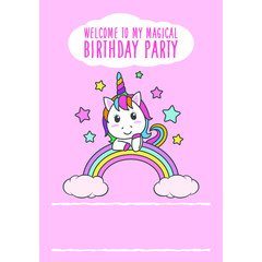 Cartoon Happy Birthday Magical Unicorn illustration Invitation Greeting Card with fun and cute look pastel color