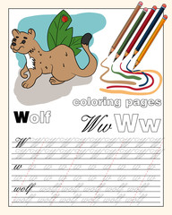 color_23_illustration of the English alphabet page with animal drawings with a line for writing English letters