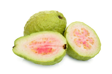 whole and half pink guava fruit isolated on white background