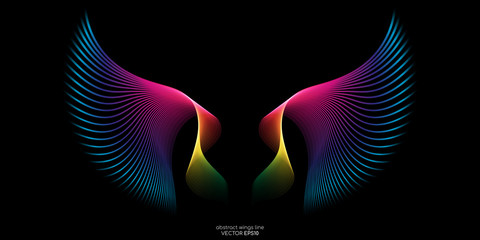 Abstract symmetry wings line rainbow colorful isolated on black background. Vector illustration. © korkeng