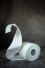Toilet paper roll on dark background in free fall.The Topic Of Hygiene
