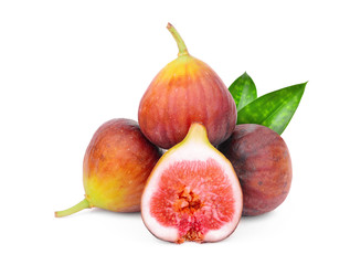 whole and half fig fruit with green leaves isolated on white background