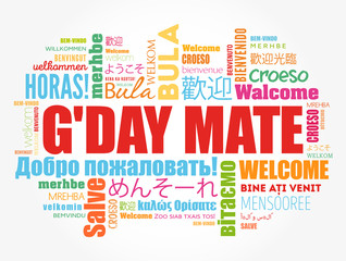 G'day Mate (Welcome in Australian) word cloud in different languages, conceptual background