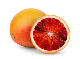whole and half blood orange isolated on white background