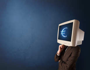 Young person with monitor head, money and cash concept