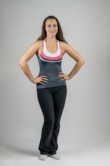 Naklejka premium Horizontal portrait full length on white background beautiful pretty fitness girls women in fashionable sportswear with different emotions in different poses. Stylish trendy youth.