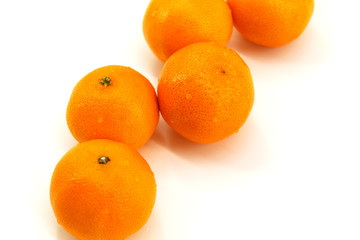 White background, fresh tangerines, five pieces