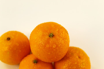 Four fresh fruits on a light background. Water washed tangerines