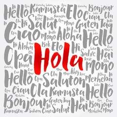 Hola (Hello Greeting in Spanish) word cloud in different languages of the world © dizain