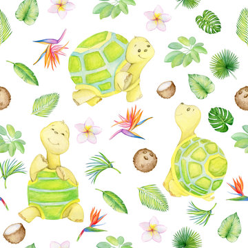 turtle is cute. seamless pattern. isolated. watercolor.