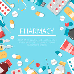 Medicine set. Drug bottle, pill, first aid kit