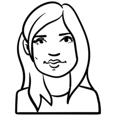 Vector drawing of a young woman with long hair. black and white, outline, comic, doodle, sketch, face.