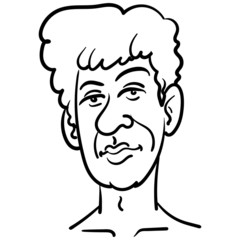 Vector drawing of a young man with curls and pout. comic, outline, black and white, face, gay, funny, doodle.