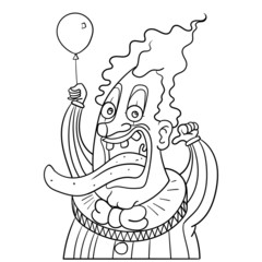 funny vector comic illustration of a creepy clown stretching out and holding an air balloon. it, horror, outline, doodle, drawing.