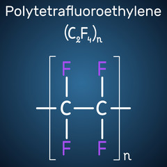 Polytetrafluoroethylene or PTFE, teflon polymer molecule. Is a synthetic fluoropolymer of tetrafluoroethylene. Structural chemical formula on the dark blue background