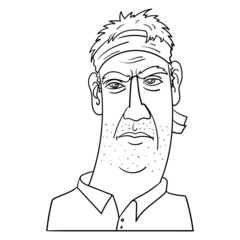 comic vector illustration of the face of a man with a headband. he looks like a warrior and looks suspicious and angry. war, veteran, drawing, doodle, sketch, outline, rambo, karate, face.