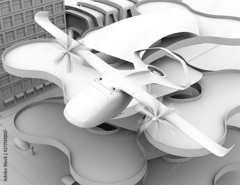 Poster clay rendering of e-vtol passenger aircraft taking off from airport. 3d rendering image.