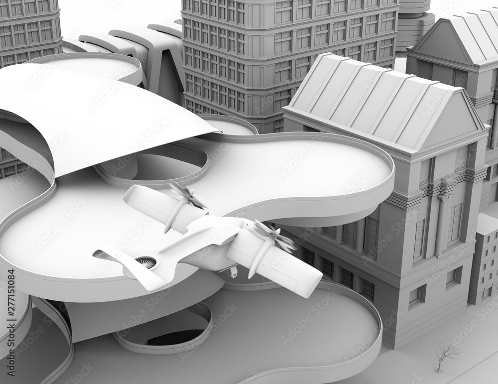 Poster clay rendering of e-vtol passenger aircraft taking off from airport. 3d rendering image.