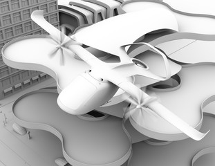 Clay rendering of E-VTOL passenger aircraft taking off from airport. 3D rendering image.