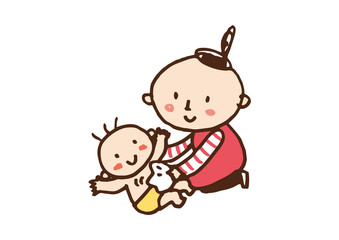 赤ちゃんの体を拭くお母さん