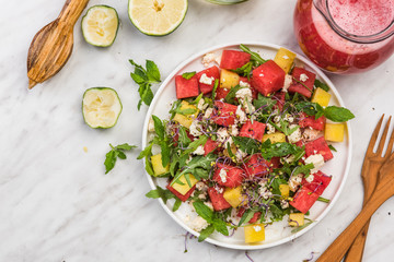 Summer Fresh Watermelon,Feta and Arugula Salad Served with Watermelon Smoothie