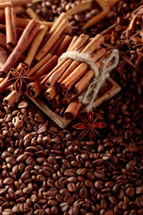 Coffee beans and anise with cinnamon sticks.