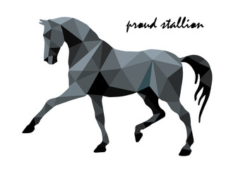 Obraz premium isolated figure of a black prancing horse on a white background and lettering, low poly trend 