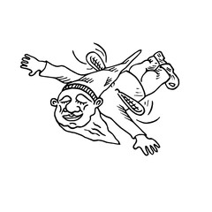 Fototapeta premium Funny gnome in hat flying on small wings, hand drawn outline doodle sketch vector illustration, perfect for card, invitation, greeting design