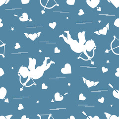 Cute seamless pattern with cupid shoots a bow and hearts. Love symbol.