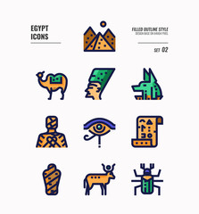 Egypt icon set 2. Include Pyramid, Anubis, god, mummy, camel and more. Flat icons Design. vector