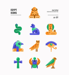 Egypt icon set 1. Include Sphinx, Horus, Ankh, Cobra, owl and more. Flat icons Design. vector